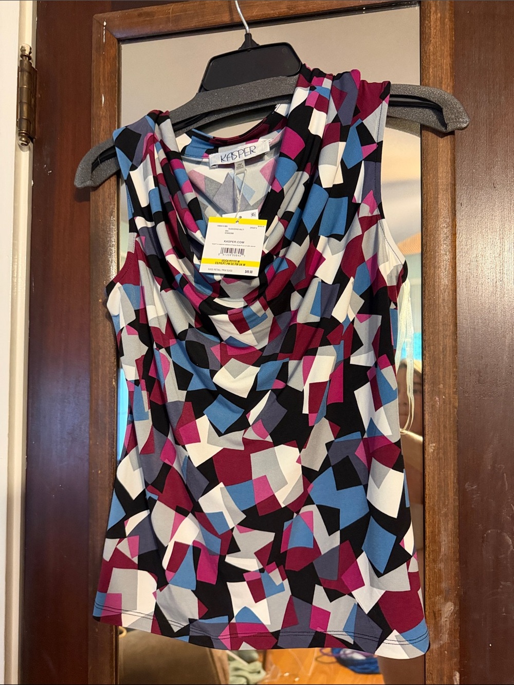 Kasper Geometric Cowl Neck Sleeveless Top - Black, White, Blue, Pink